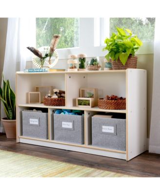 EdQ 2-Shelf 5-Compartment Storage 24" - White: Wooden Classroom and Playroom Bookshelf with Bins for Kids Toys and Books