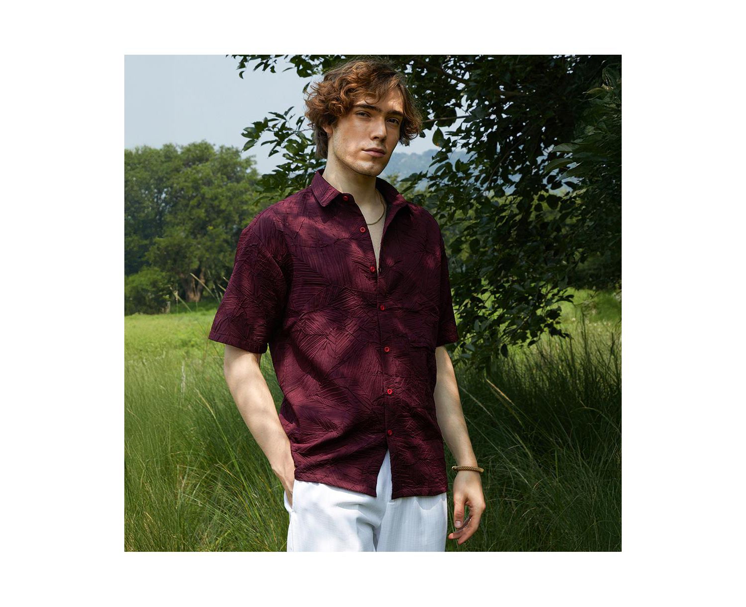 Men's Wine Red Foliage-Tactile Shirt