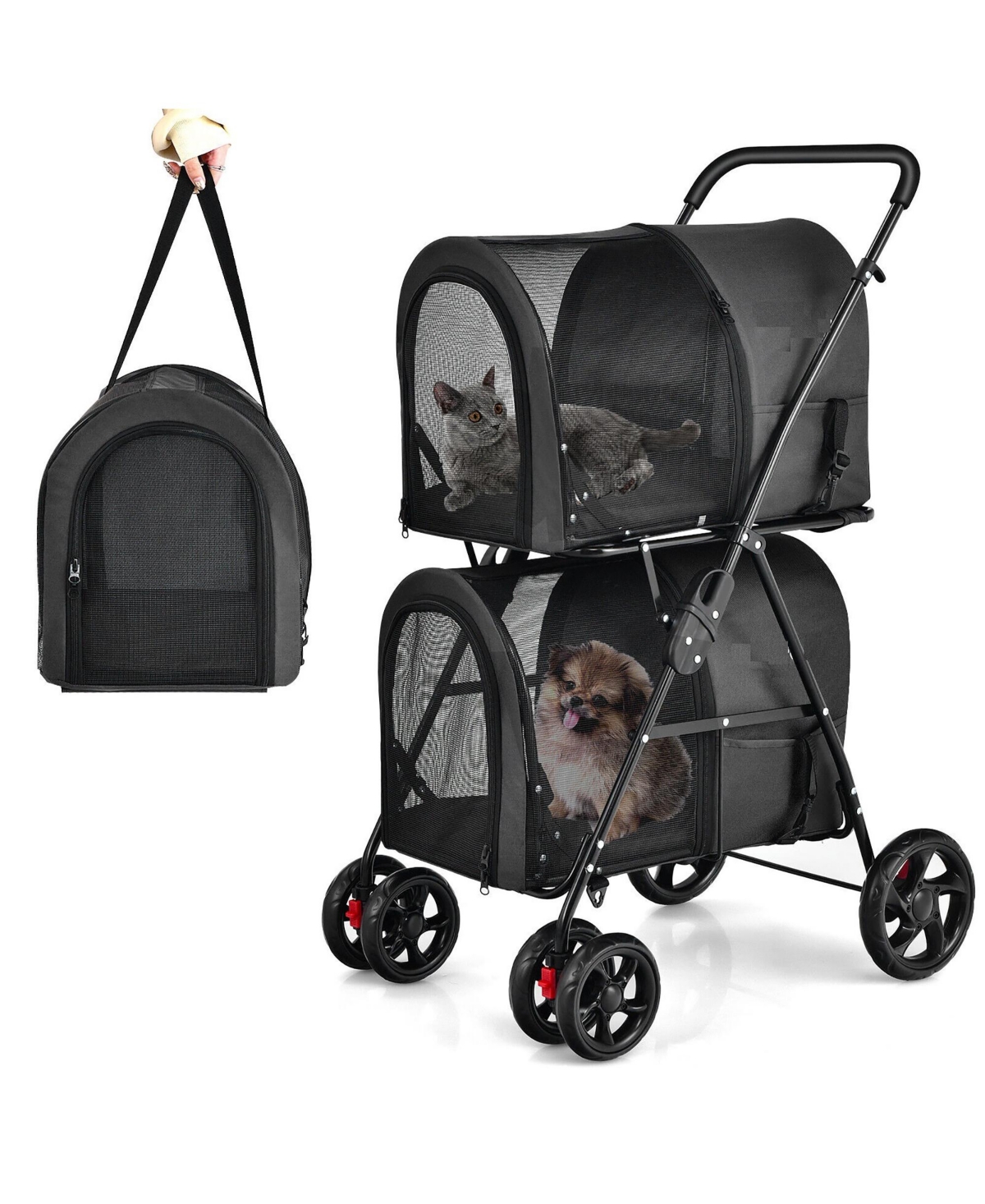 4-in-1 Double Pet Stroller w/ Detachable Carrier Travel Carriage for Cats - Black