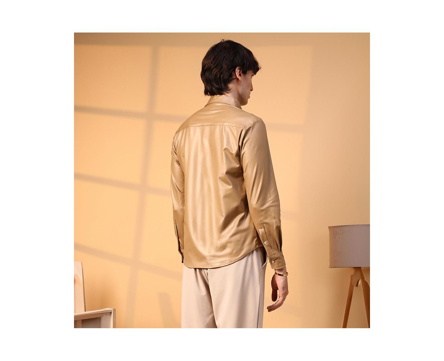 Men's Camel Brown Solid Suede Shirt