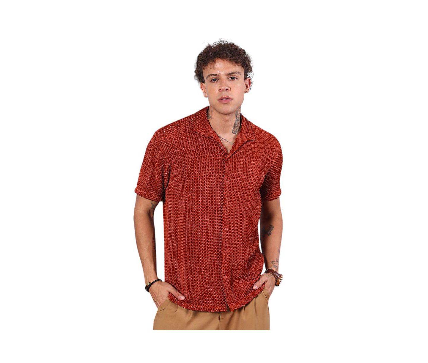 Мужская рубашка Cahoot Campus Sutra Terracotta Brown Puffy-Textured, цвет: Коричневый — фото 1