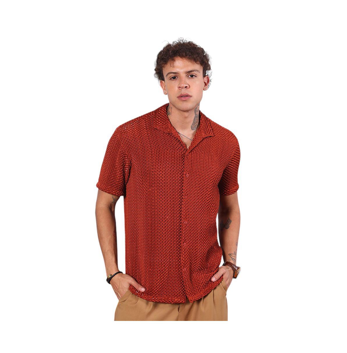 Men's Terracotta Brown Puffy-Textured Shirt - Brown