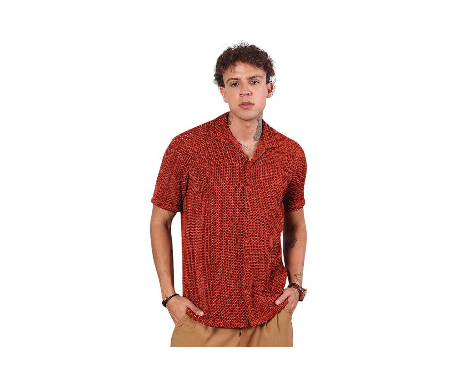 Men's Terracotta Brown Puffy-Textured Shirt