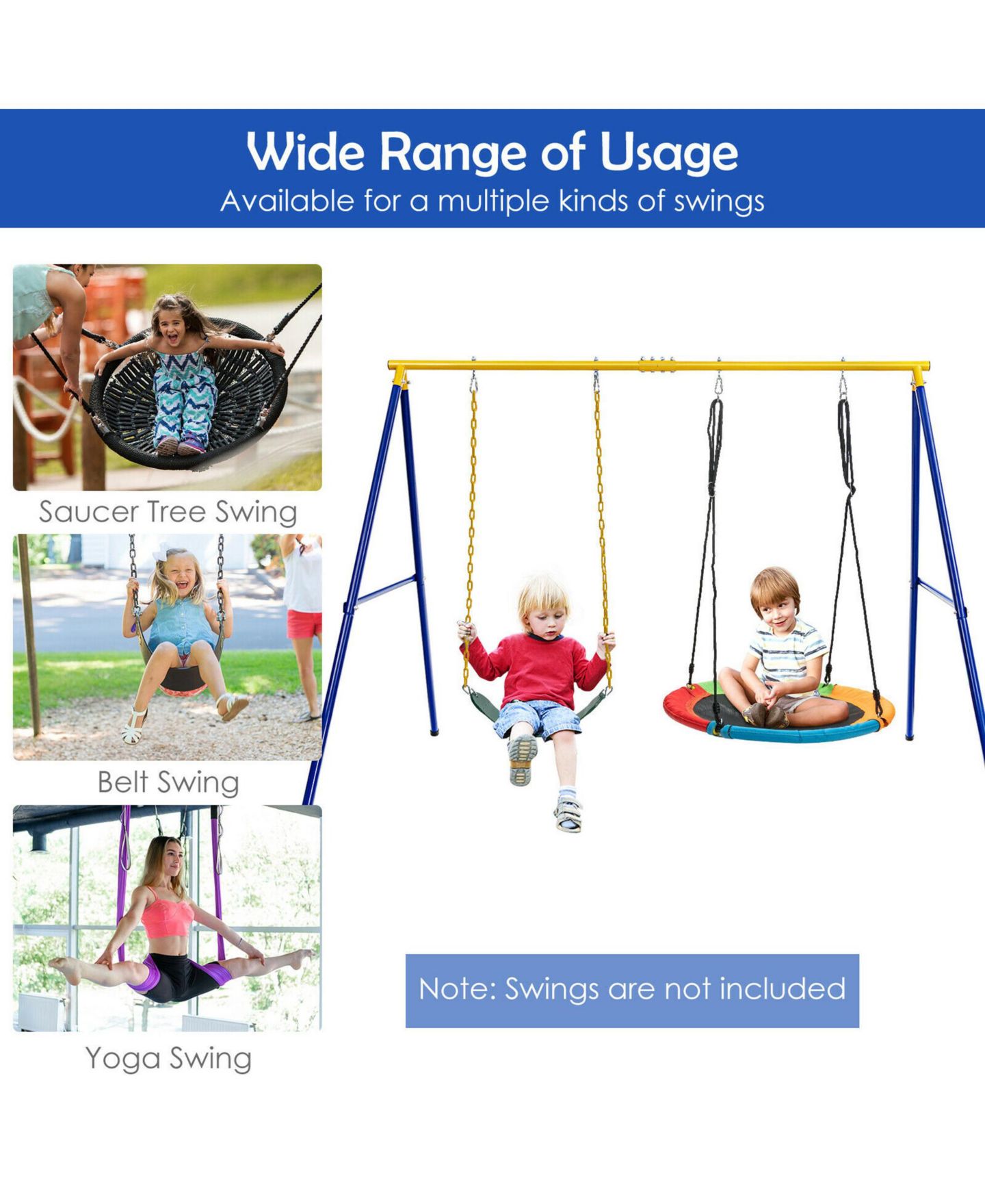 Детская игрушка Gymax 660 Lbs Metal Heavy-Duty A-Frame Swing Stand, Ages 3+, цвет: Синий жёлтый — фото 7