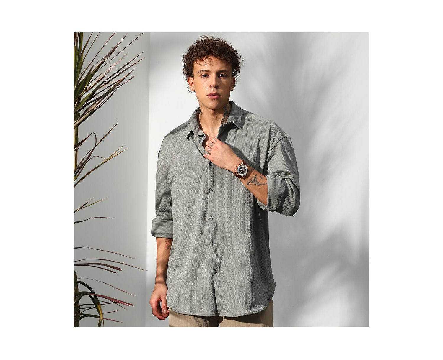 Men's Ash Grey Stripe-Textured Shirt
