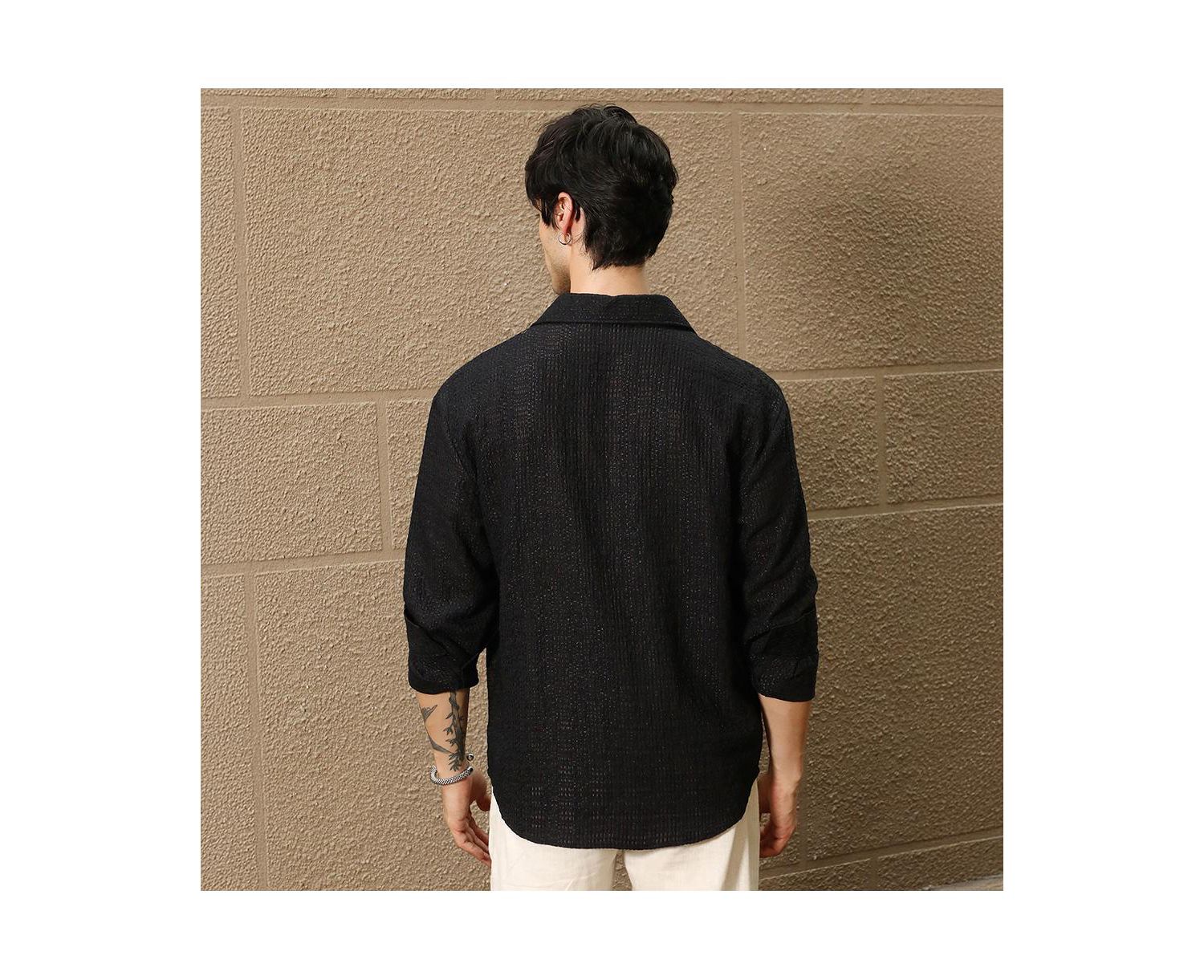 Men's Midnight Black Straw-Tactile Utility Oversized Shirt