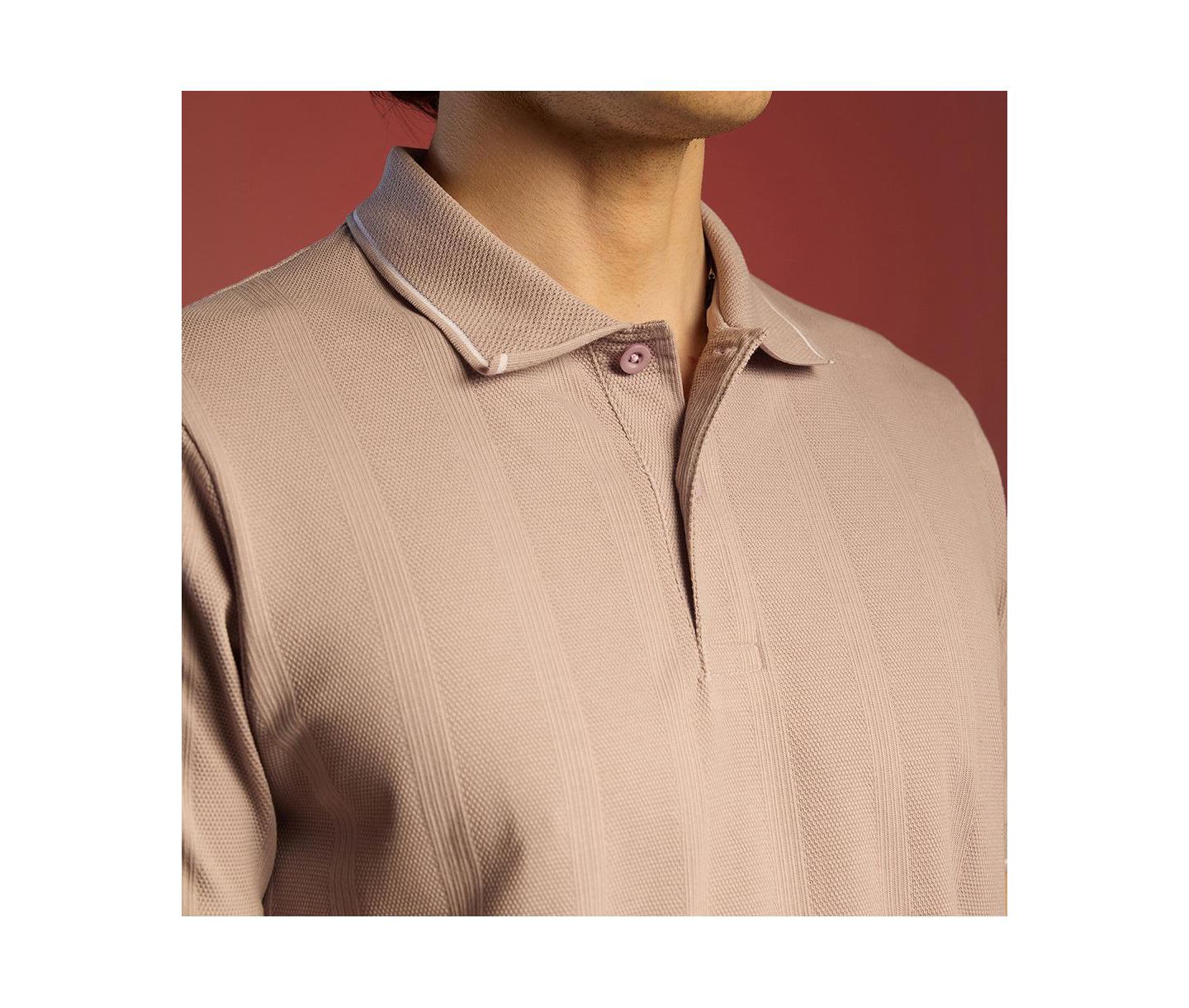 Мужская футболка Cahoot Blush Pink Lined-Knit Polo, цвет: Бежевый — фото 7
