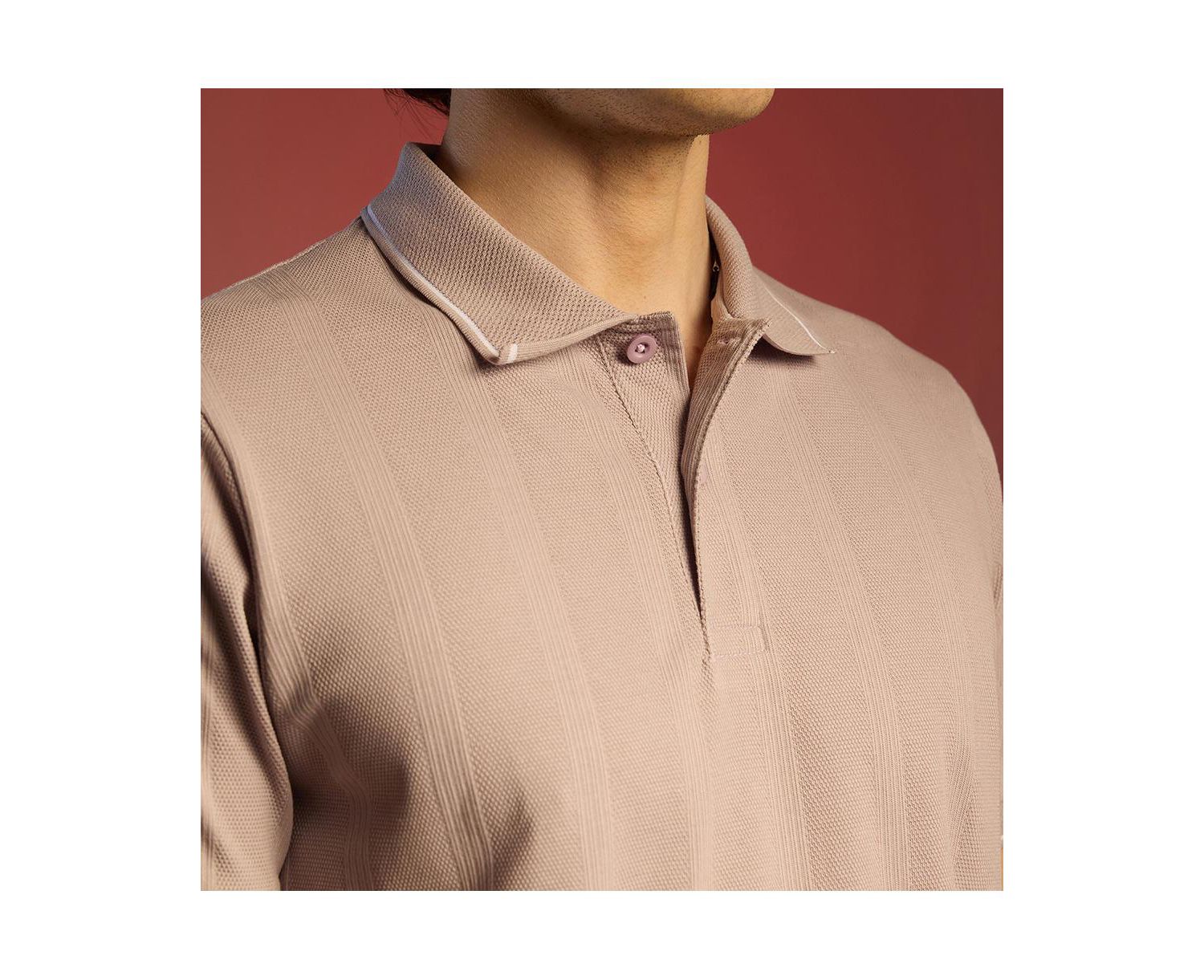 Men's Blush Pink Lined-Knit Polo T-Shirt
