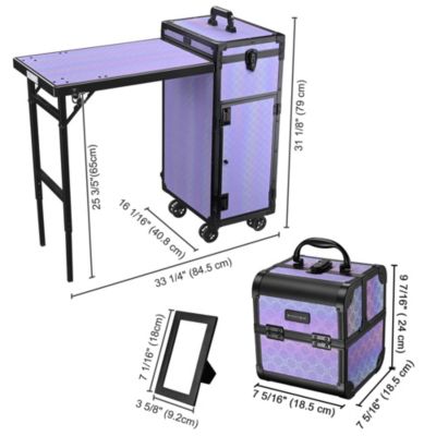 Portable Rolling Nail Table Kit with Makeup Train Case Aluminum Purple