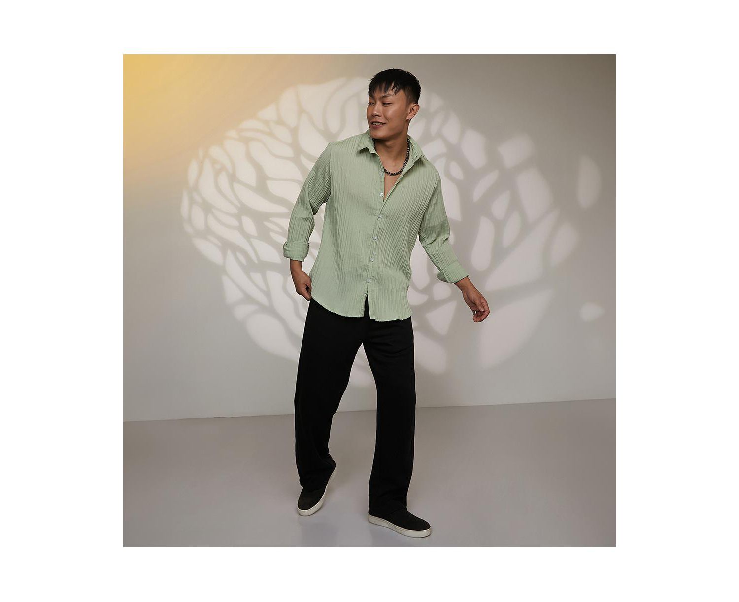Men's Sage Green Self-Design Striped Shirt