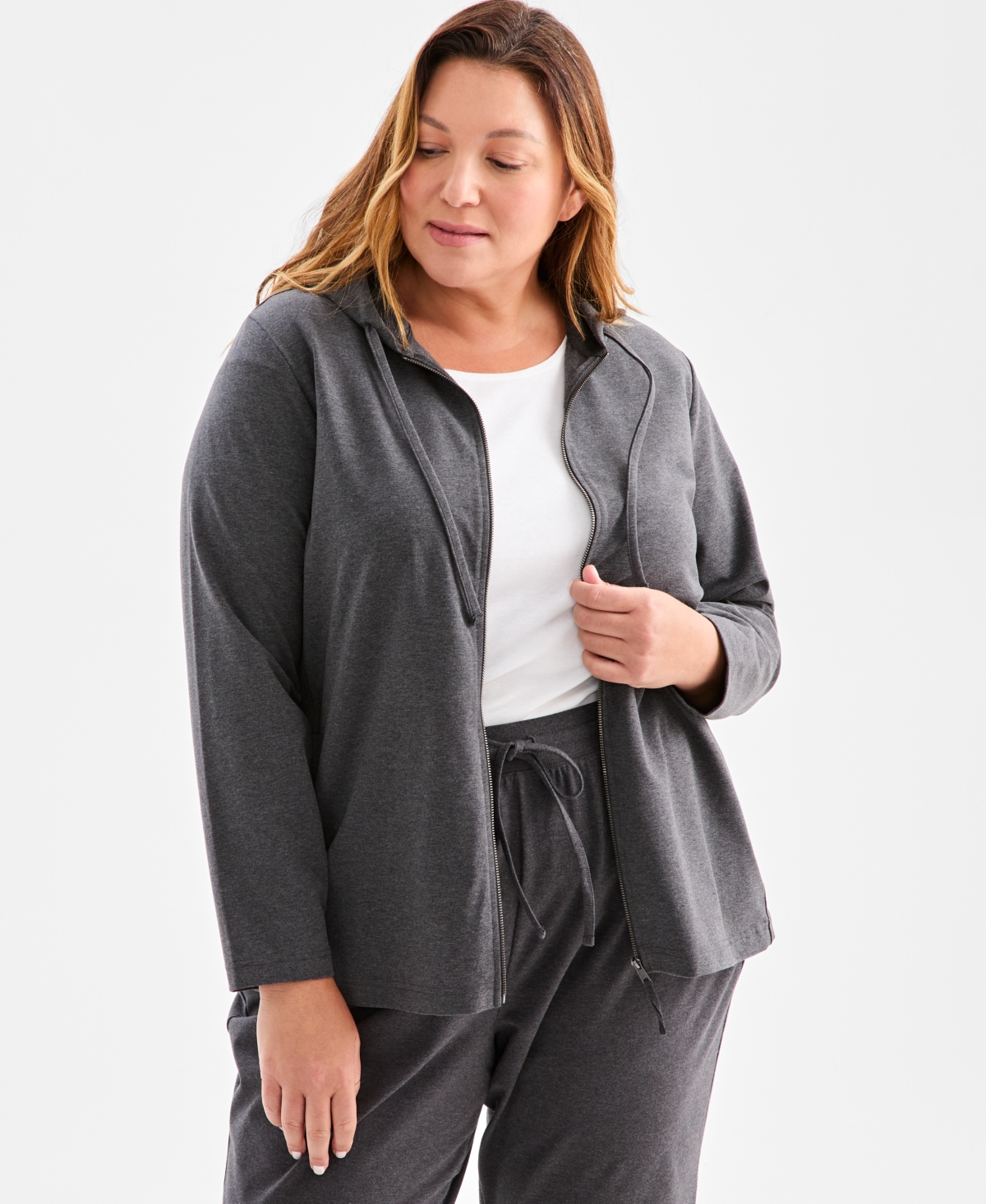 Style & Co Plus Size Zip-up Hooded Sweatshirt, Exclusively At Macy's In Gray