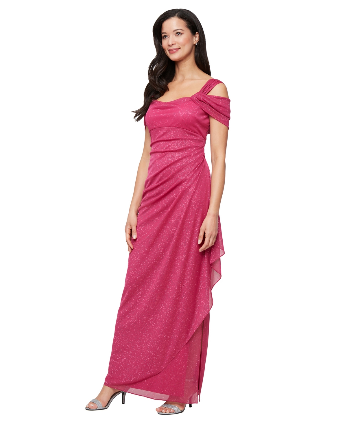 Cold-Shoulder Draped Metallic Petite Gown - Raspberry