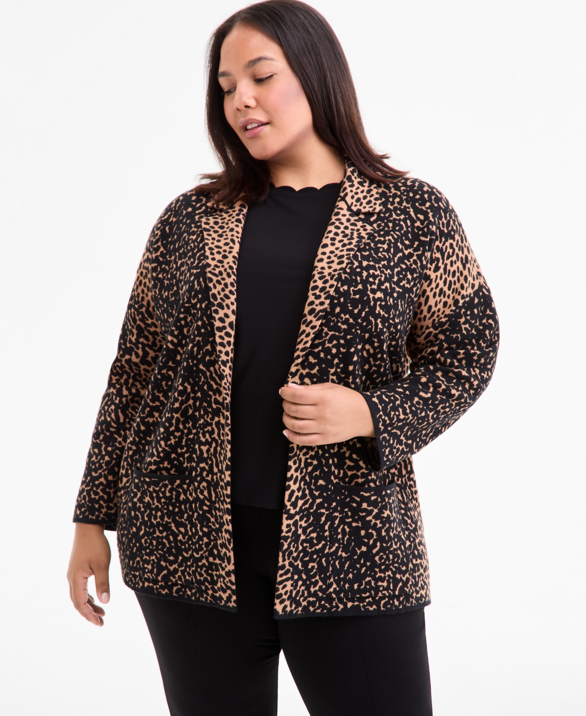 Ak Anne Klein Plus Size Printed Open-front Coatigan In Multi