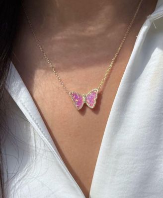 Butterfly Necklace with Lab-Grown Opal in Plated Sterling