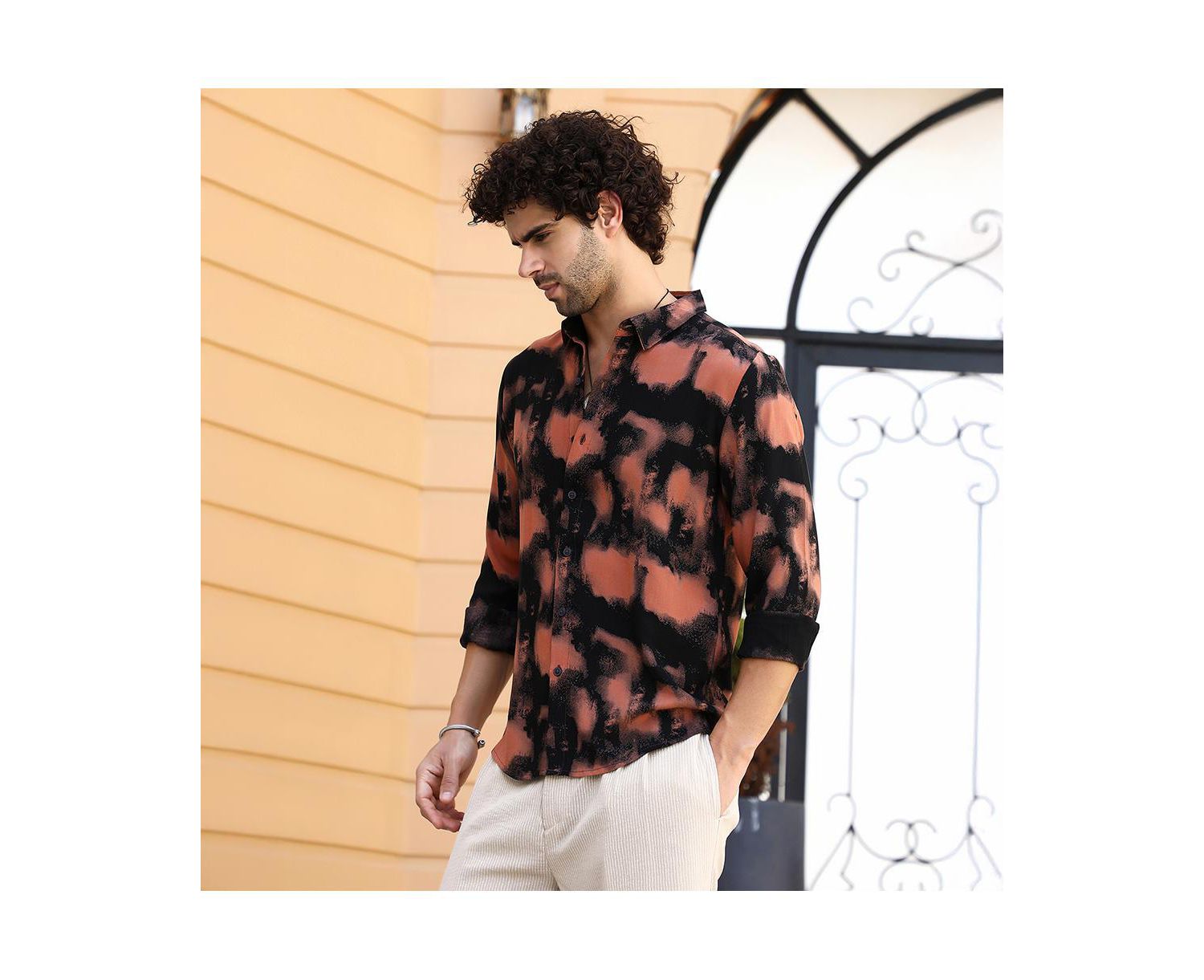 Men's Obsidian Black & Sienna Brown Smudged-Block Regular Shirt