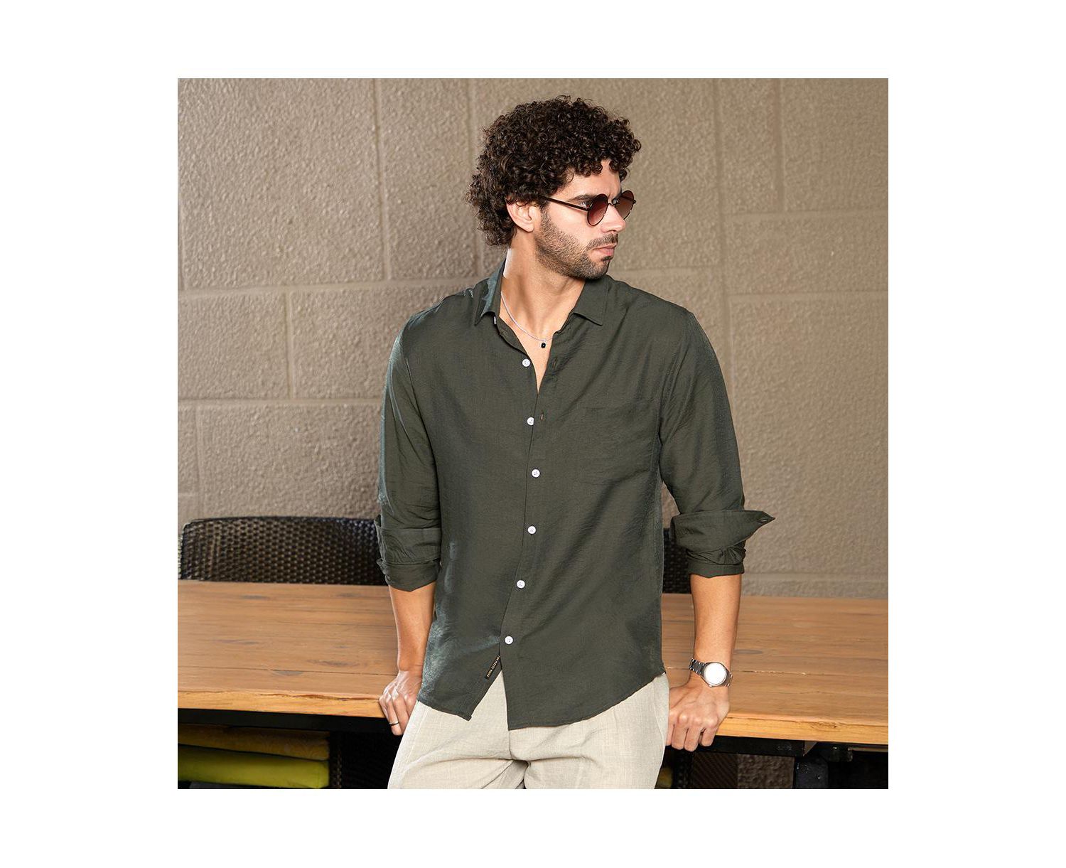 Men's Olive Green Breezy Wrinked Relaxed Shirt