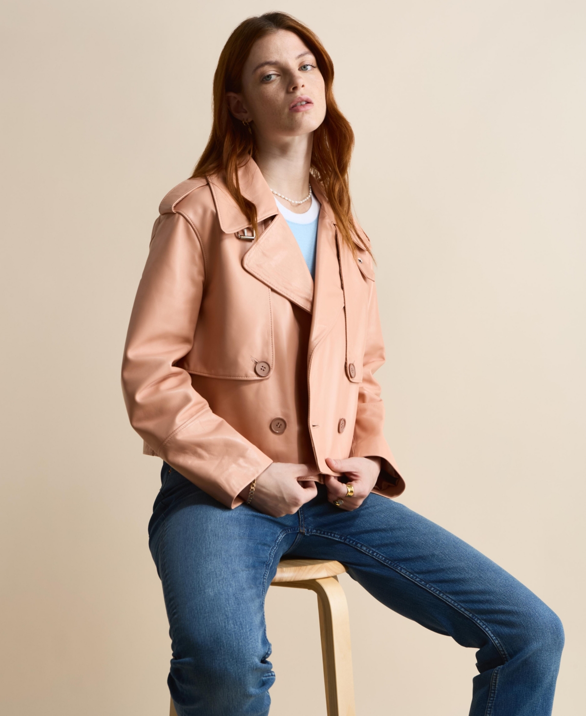 Women's Leather Cropped Trench Style Jacket, Created For Macy's - Peach