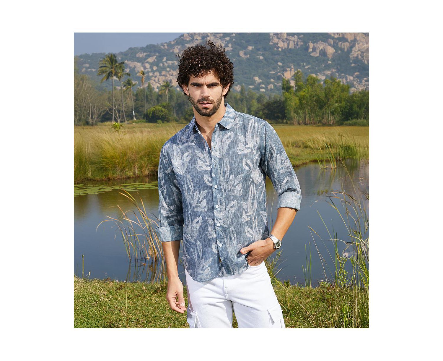 Men's Steel Blue Stroked-Petals Shirt