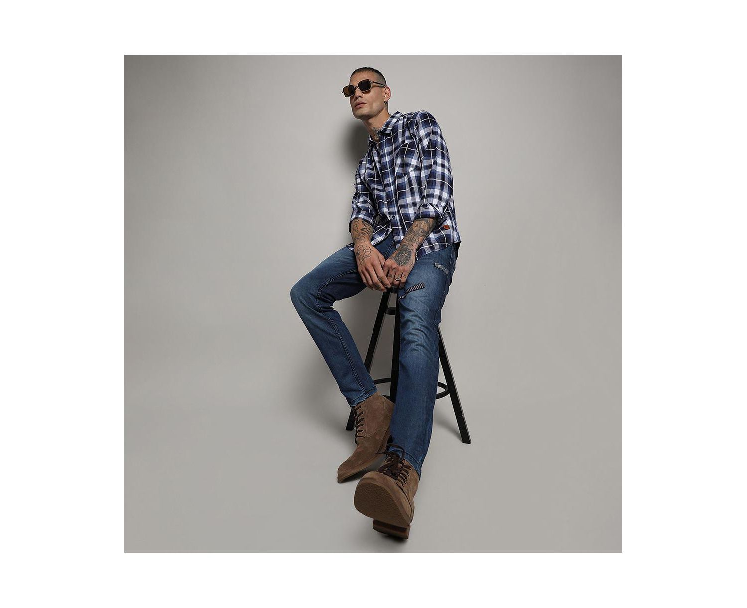 Men's Navy Blue Tartan Plaid Shirt