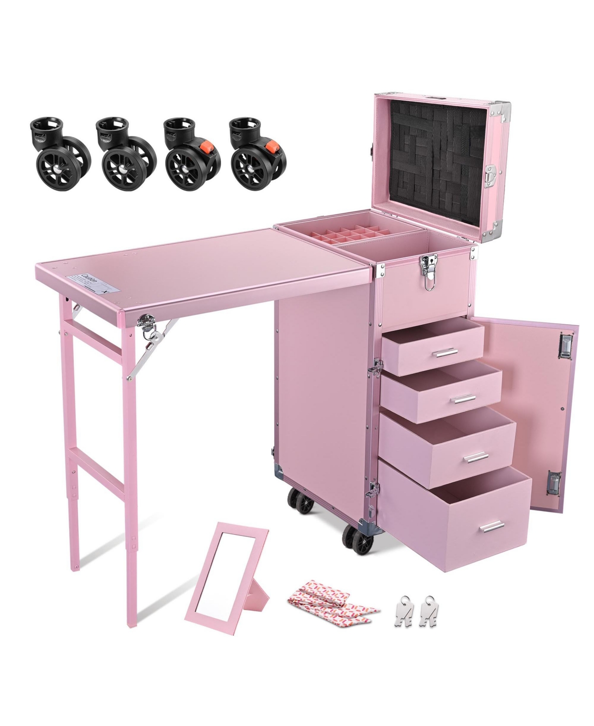 Rolling Cosmetic Case Nail Table with 4 pcs Replacement Wheels Pink - Natrual