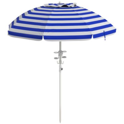 5.7ft Portable Beach Umbrella with Tilt Adjustable Height 2 Cup Holders Hooks UV 40 Plus Blue White Stripe