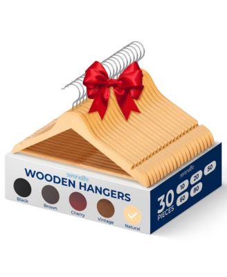 30 Pcs. of Solid Wooden Hangers for Clothes - Heavy Duty Suit Hanger Set with Chrome 360&amp;#xB0; Swivel Hook Hangers (Natural Color)