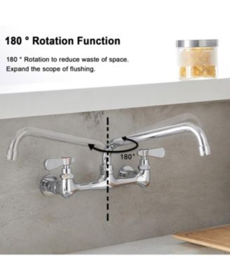 2-Handle Wall Mount Kitchen Faucet With 10 Inch Swivel Spout 8" Center In Polished Chrome