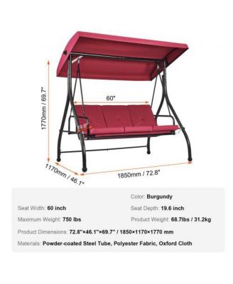 3-Seat Patio Swing Chair with Adjustable Canopy Removable Cushion and Steel Frame
