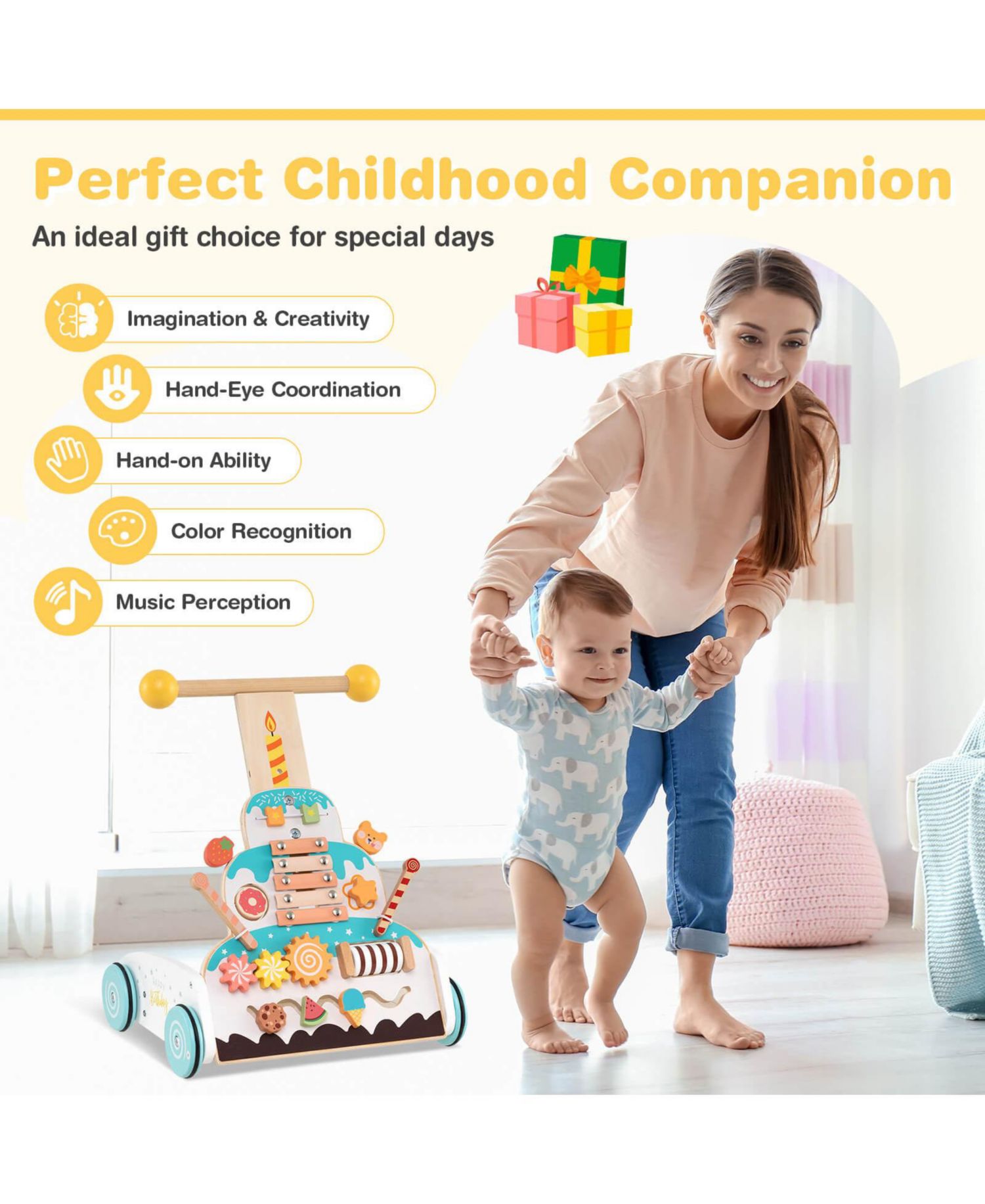 Wooden Baby Walker Ice Cream Cart Toy with Sweet Accessories Smooth