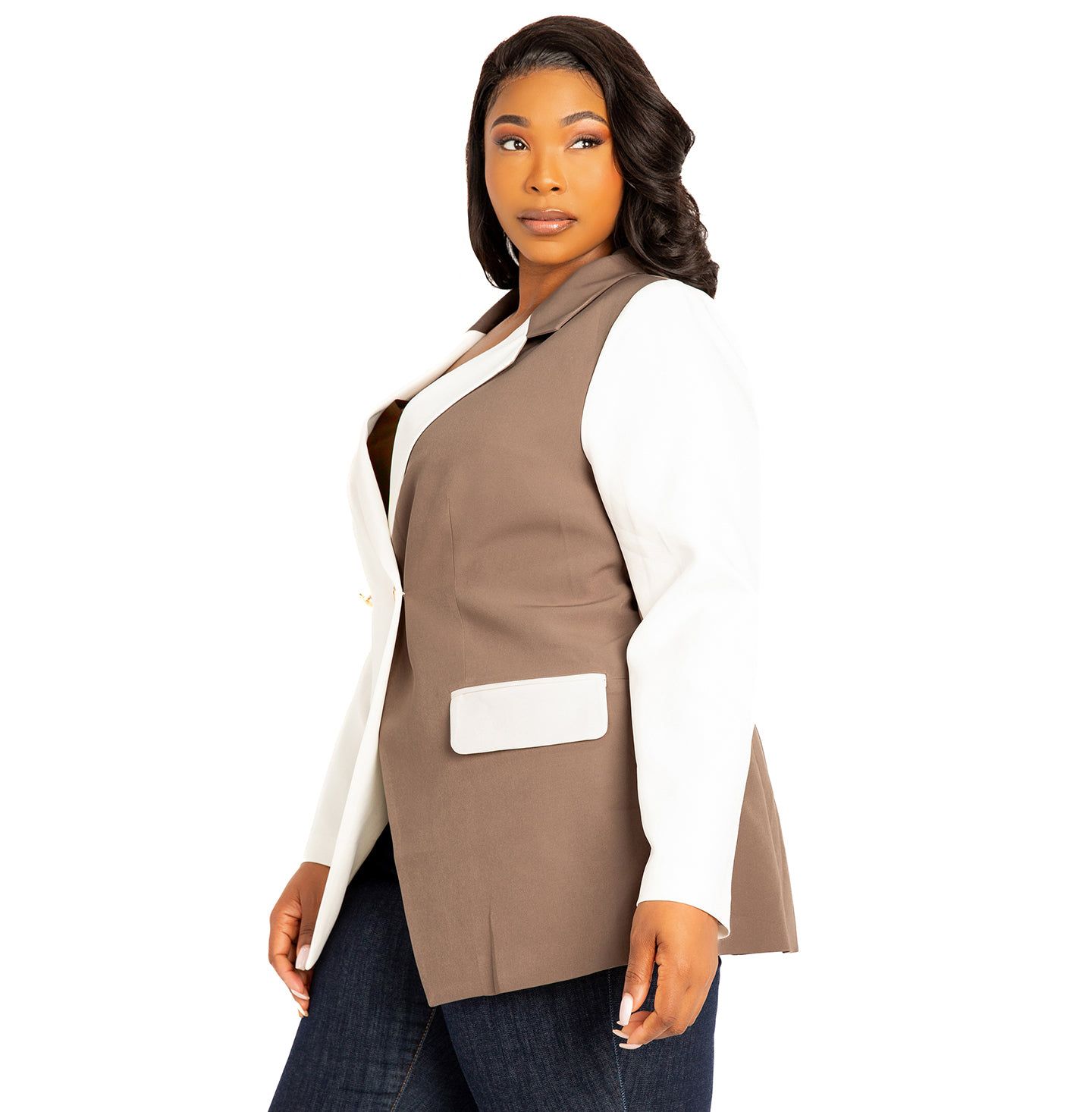 Женский пиджак Buxom Couture Plus Size Contrast Double Breasted Blazer, цвет: Хаки — фото 2