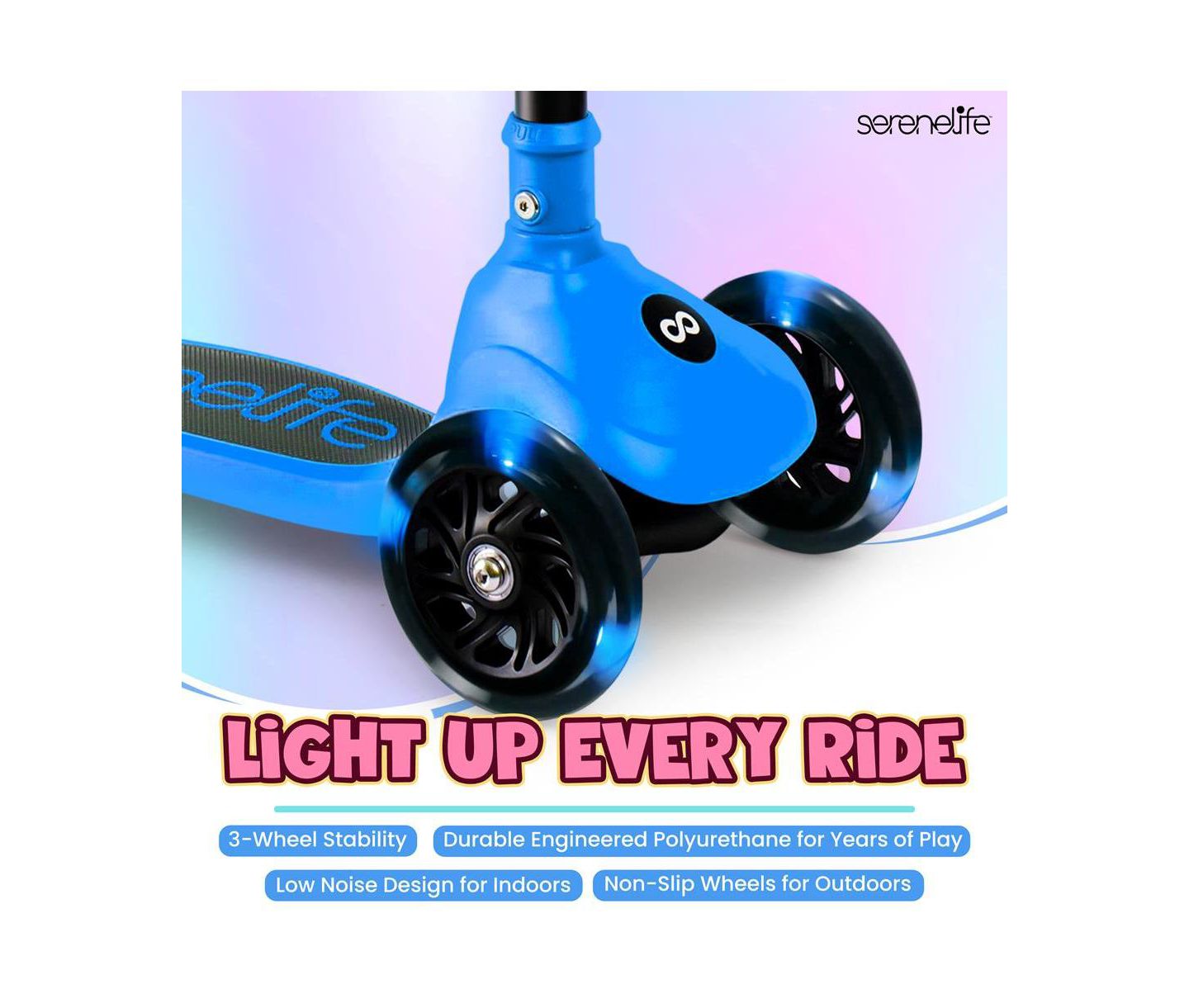 Детская игрушка SereneLife 3-Wheel Foldable Kids Scooter with LED Wheel Lights & Lean-to-Steer Technology, Ages 2+, цвет: Синий — фото 6