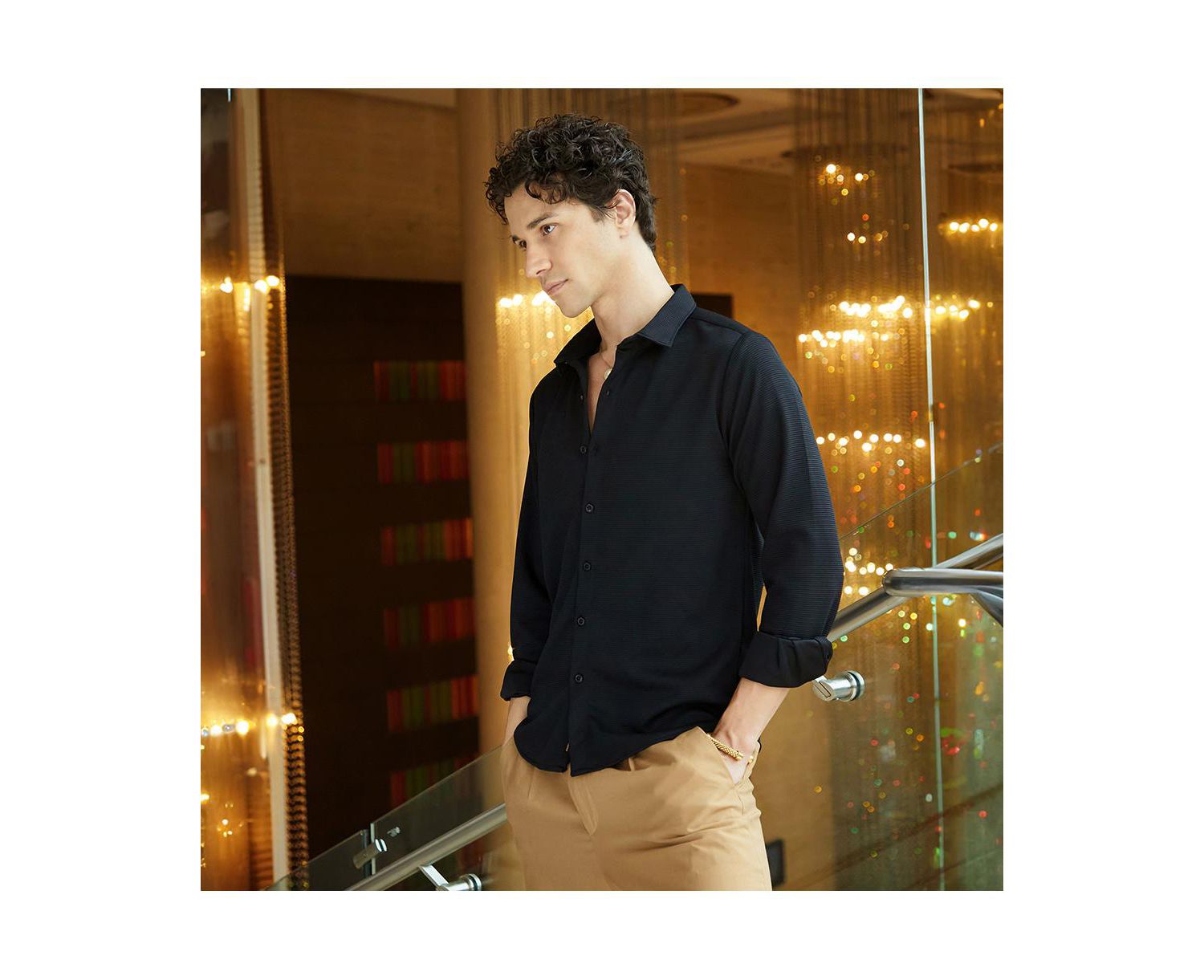 Men's Midnight Black Waffle-Textured Shirt