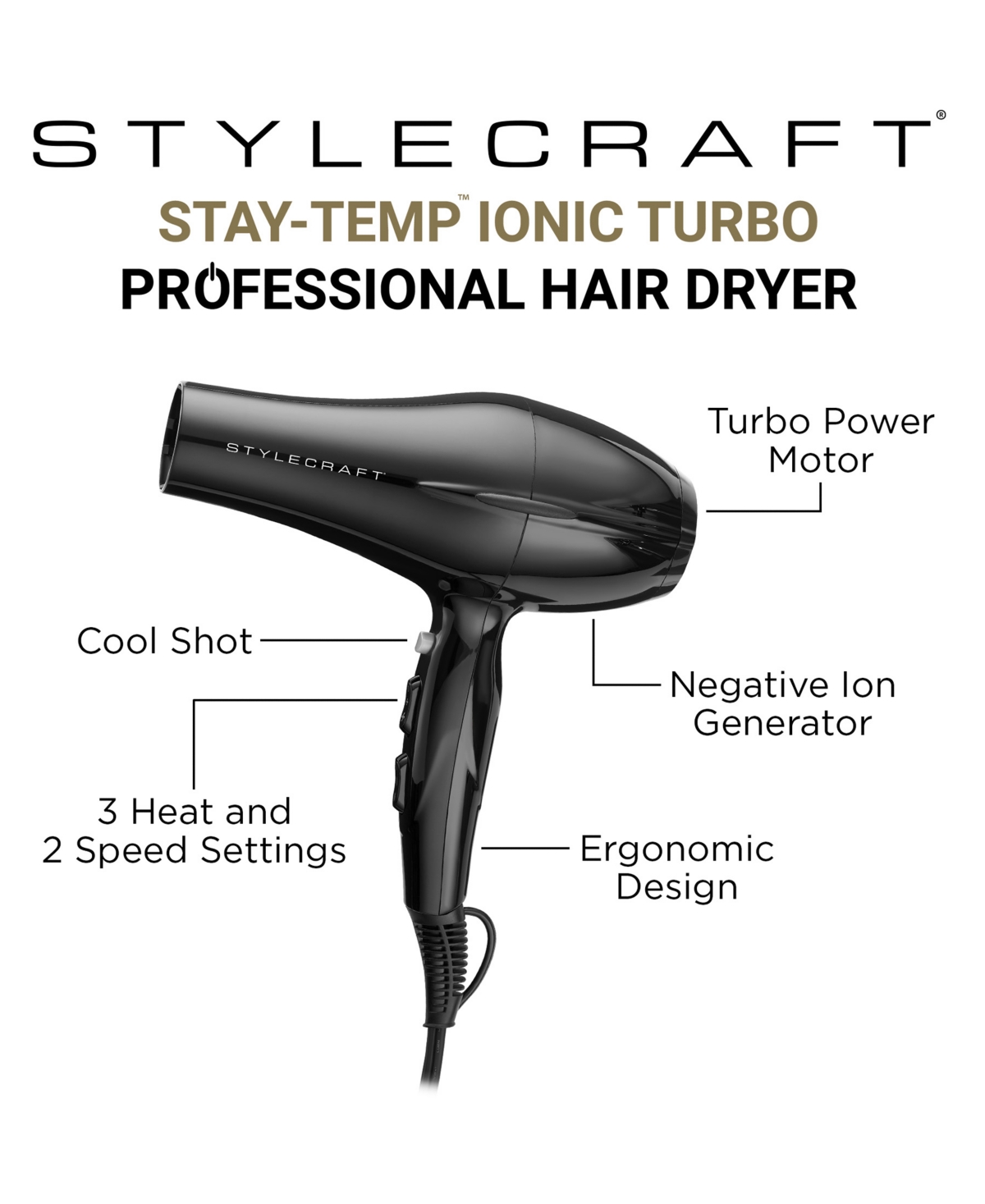 StyleCraft Professional Stay-Temp Ionic Hair Dryer