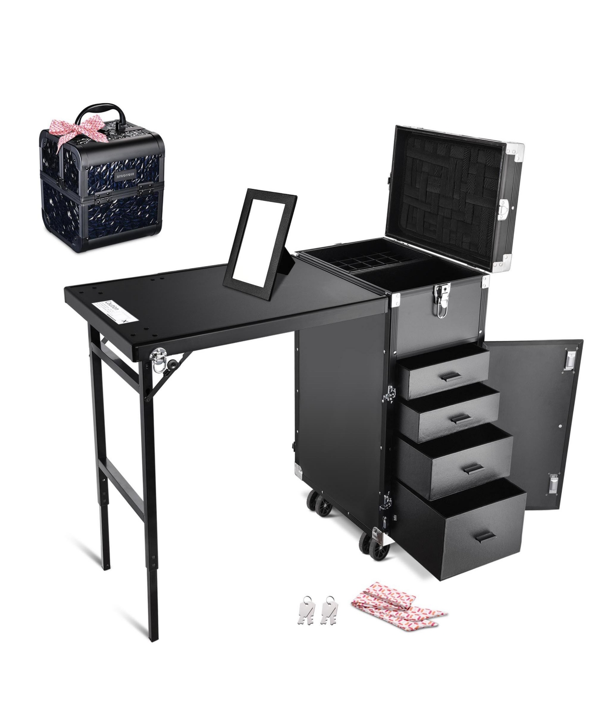 Aluminum Rolling Nail Table with Train Case Cosmetic Organizer Black - Natrual