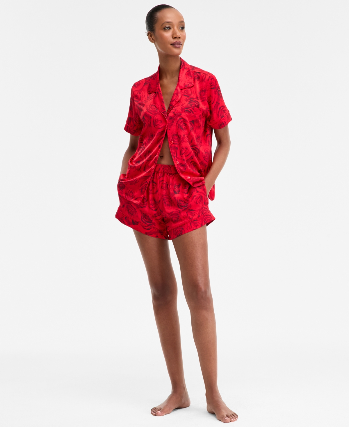 Inc International Concepts I.n.c International Concepts Women's Stretch Satin Short-sleeve Pajama Set, Exclusively At Macy's In Red