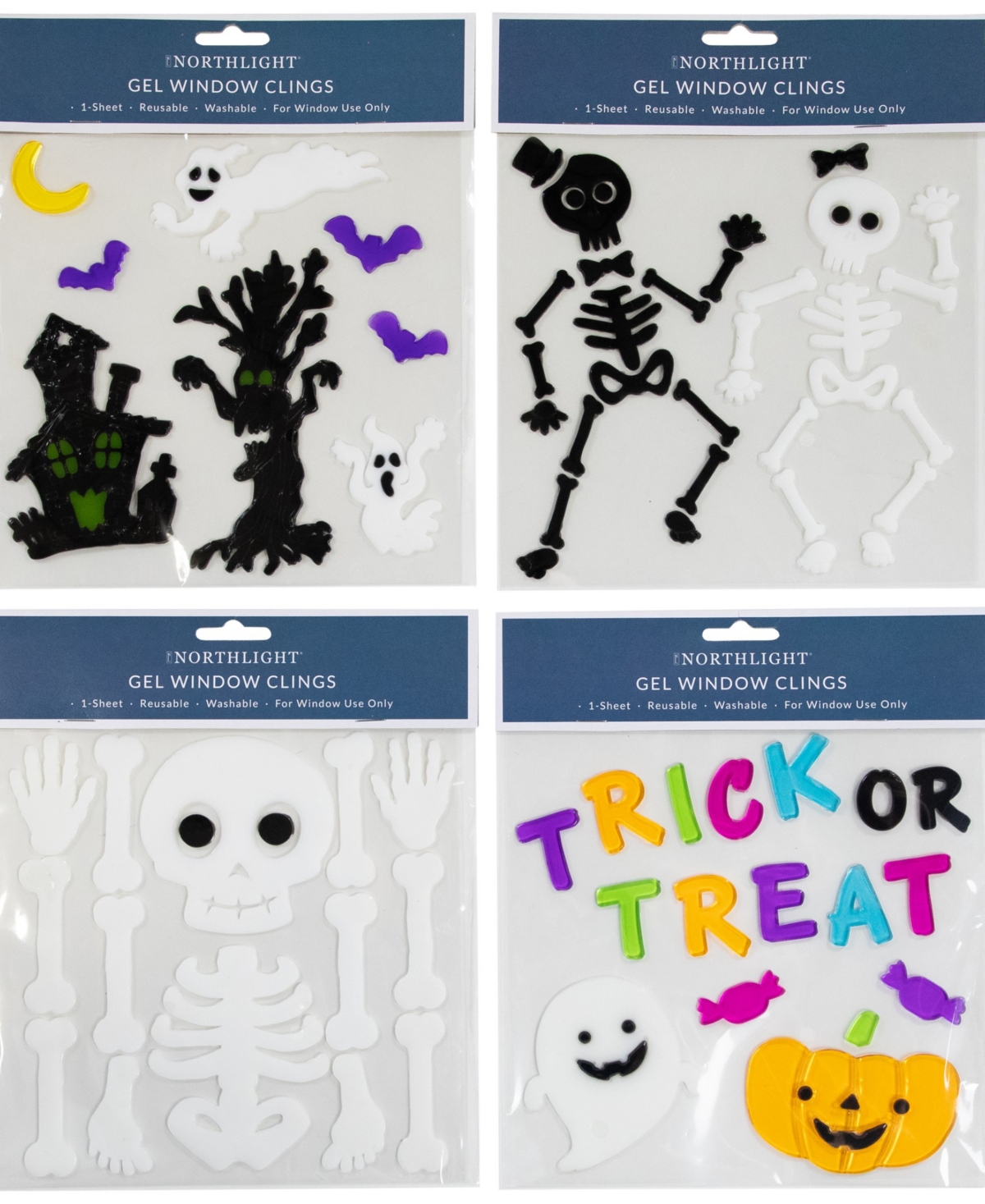 Double Sided Halloween Gel Window Clings, Set of 4 - Multi
