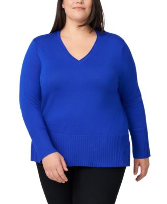 Plus Size Solid V-Neck High-Cuff Sweater