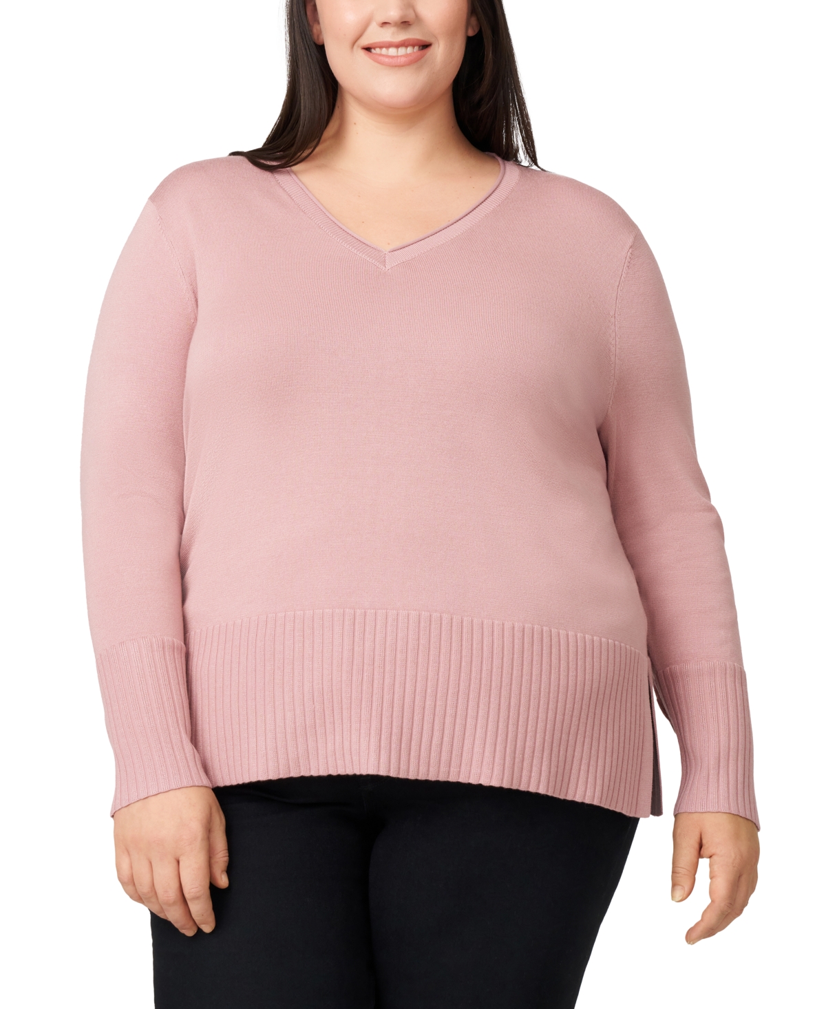 Melissa Paige Plus Size Solid V-neck High-cuff Sweater In Pink