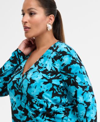Plus Size Printed Long-Sleeve Surplice-Neck Top, Macy's Exclusive