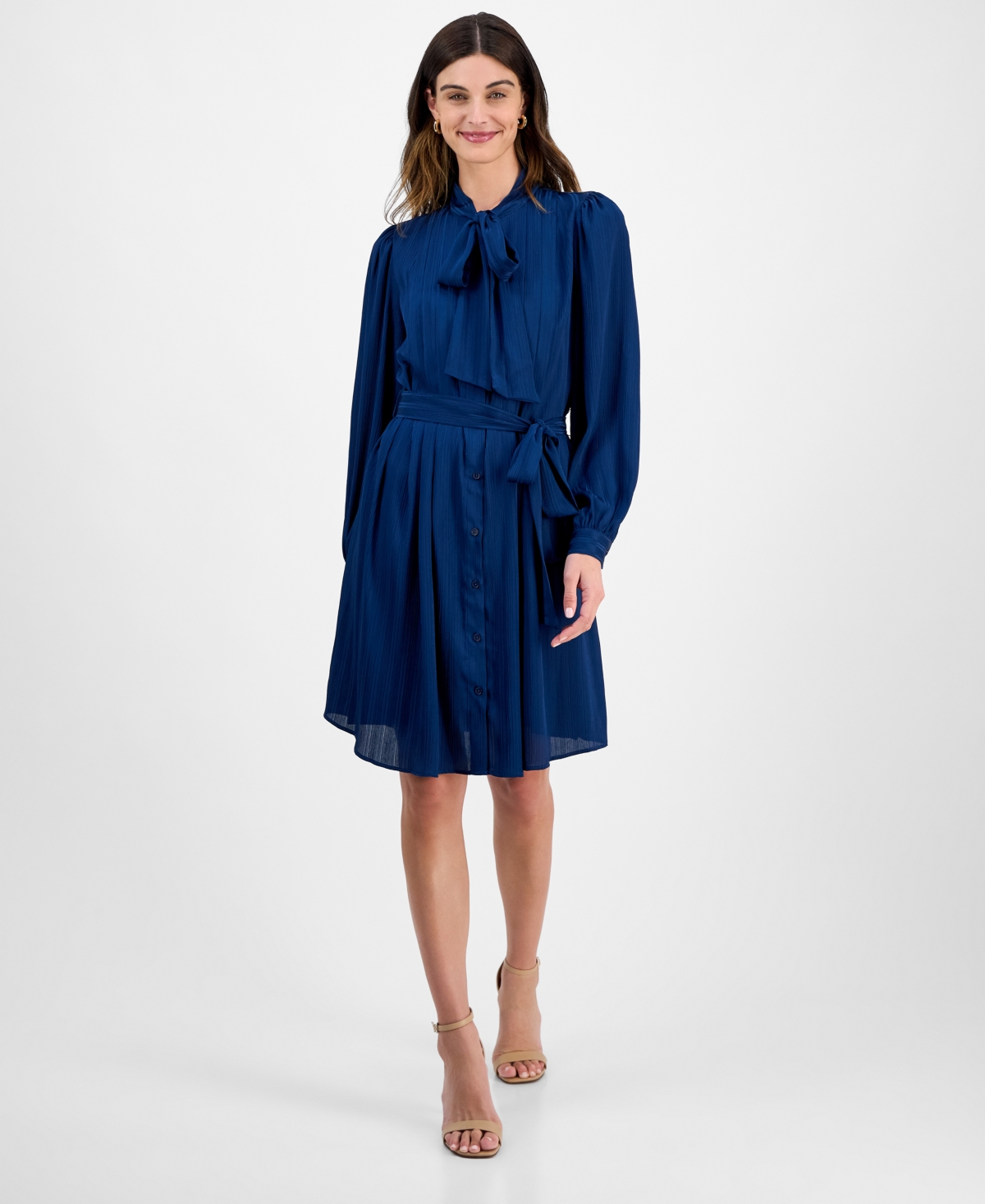 Women's Belted Balloon-Sleeve Shirt Dress - Navy