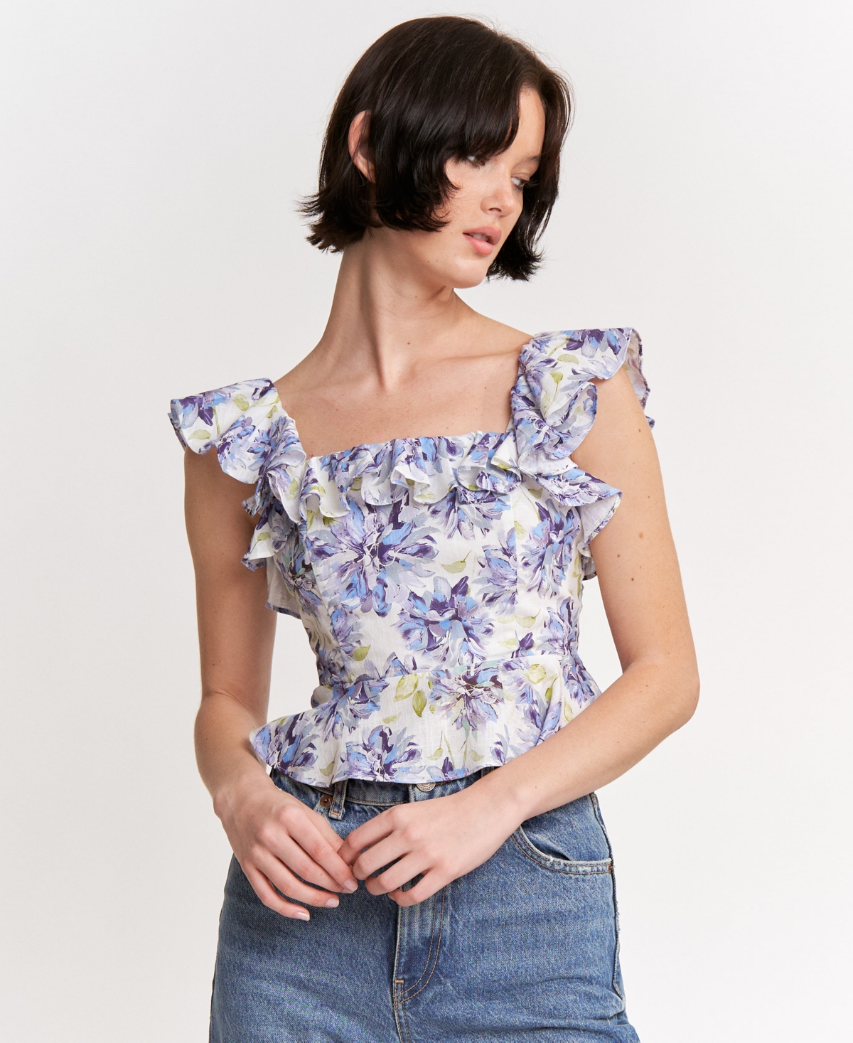 Women's Odessa Printed Ruffled Sleeveless Top - White Blue Multi