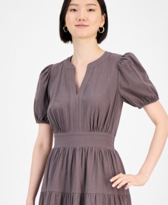 Women's Cotton Puff-Sleeve Tiered Midi Dress