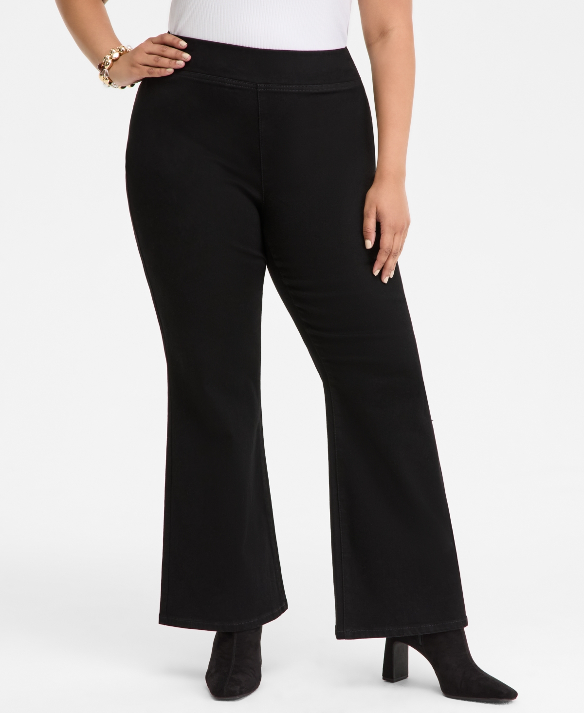 Inc International Concepts Plus Size High-rise Pull-on Flared Jeans, Macy's Exclusive In Black