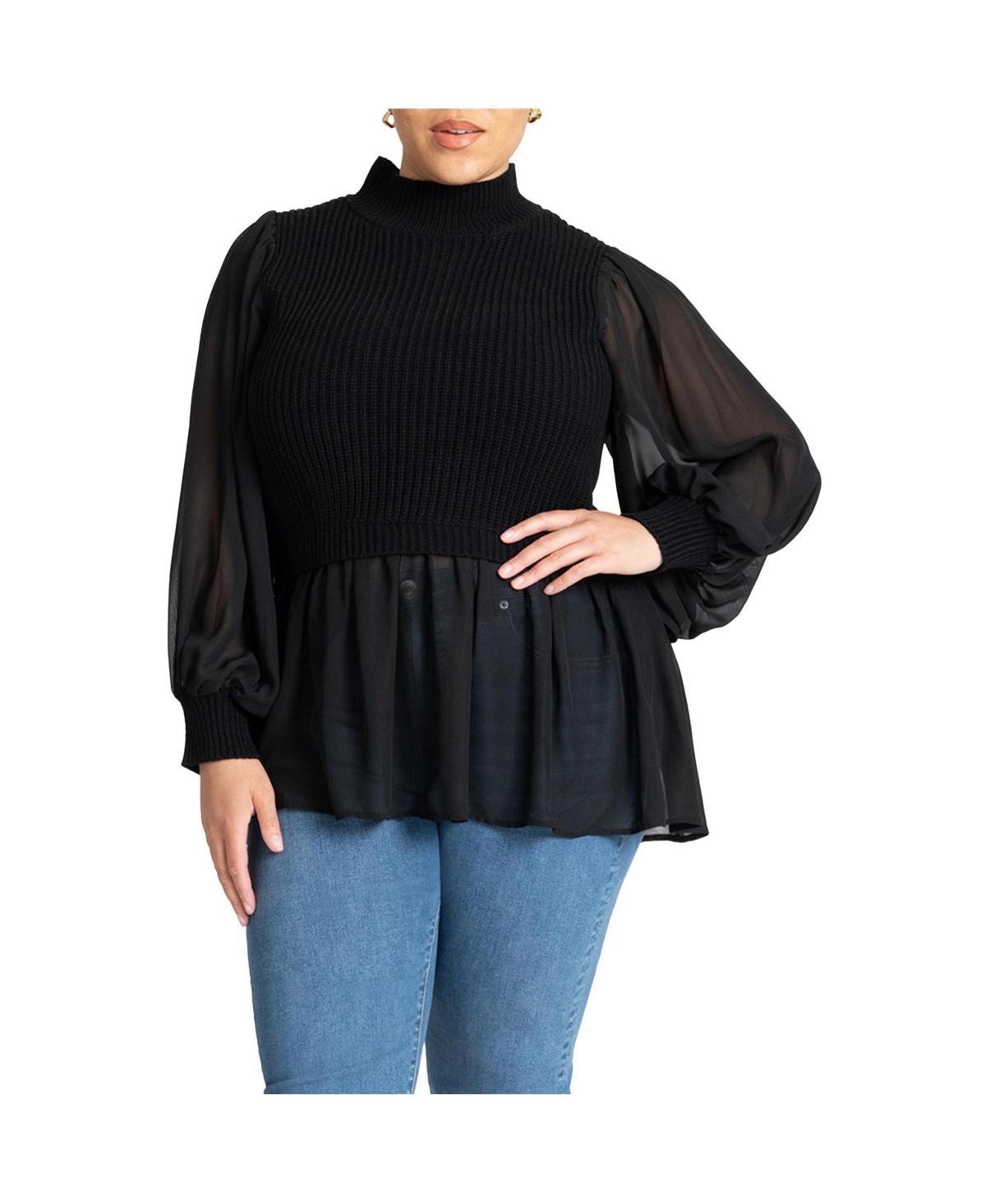 Eloquii Women's Plus Size Twofer Sweater With Chiffon - Black onyx
