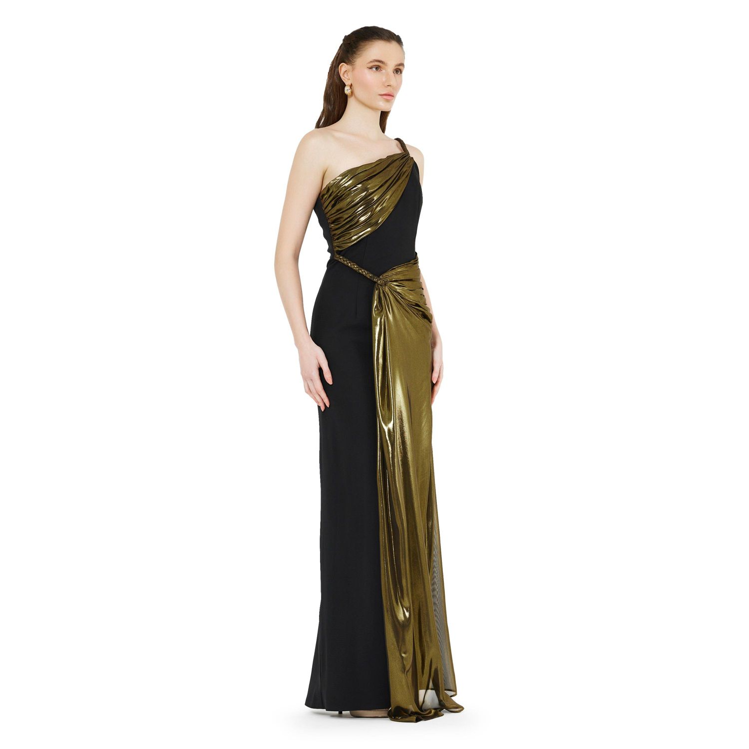 Women's Braided Strap One Shoulder Metallic Drape Dress