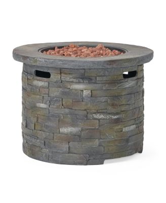 Outdoor 35" Lightweight Concrete Round Propane Fire Pit - 40,000 BTU, Natural Stone (Tank Inside)
