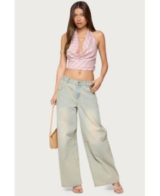 Women's Stripey Metallic Cowl Neck Halter Top