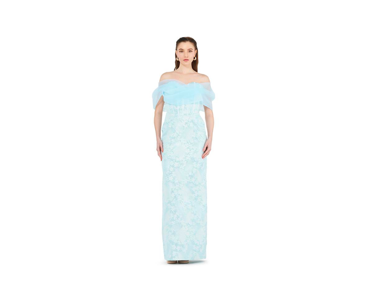 Women's Off-The-Shoulder Corset Detail Brocade Gown - Sky blue