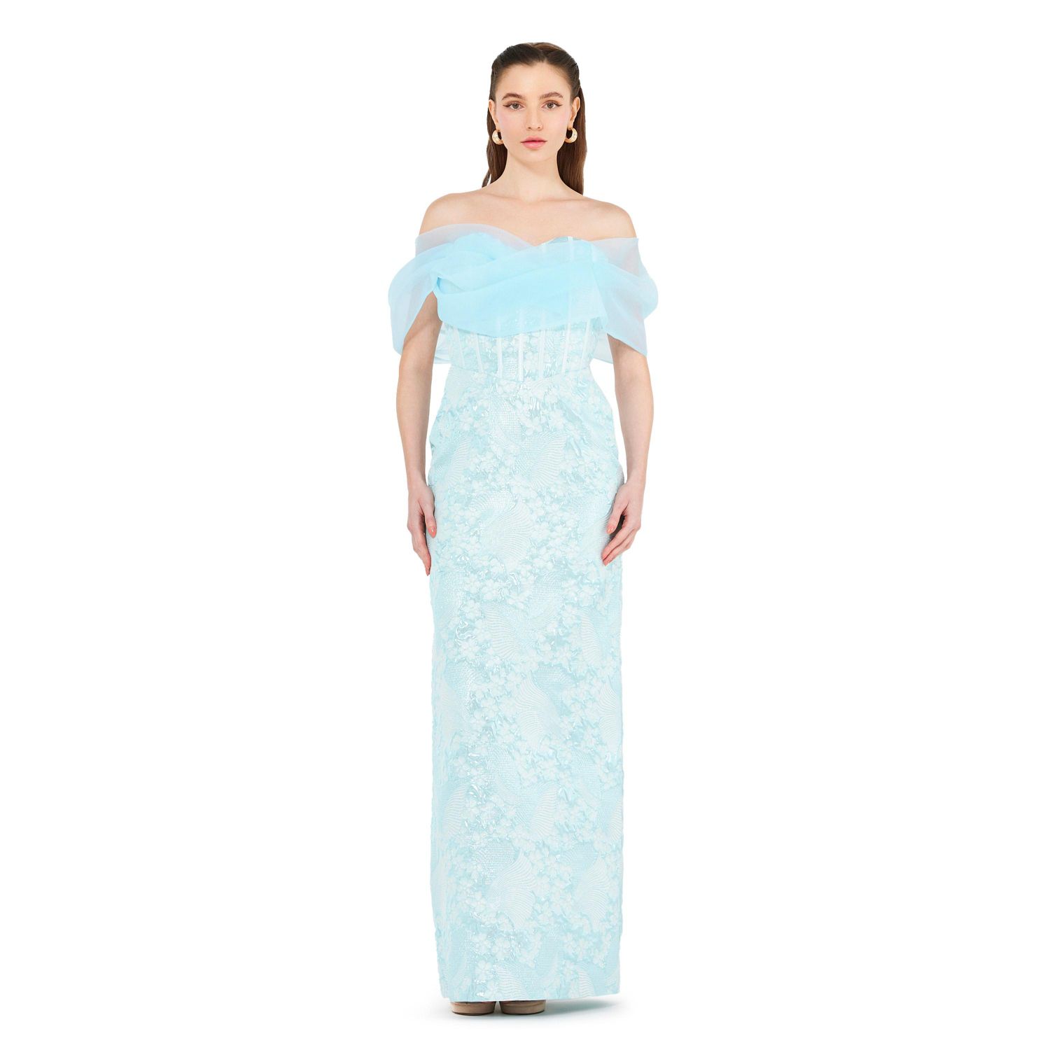 Women's Off-The-Shoulder Corset Detail Brocade Gown