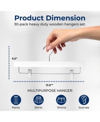 SereneLife 30 Pcs. Premium Wooden Pants Hangers - Heavy Duty Hanger Set with Chrome 360° Swivel Hook